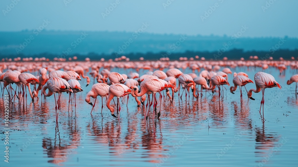 Obraz premium A flock of flamingos wades in a lake, their long legs submerged while their heads remain above water