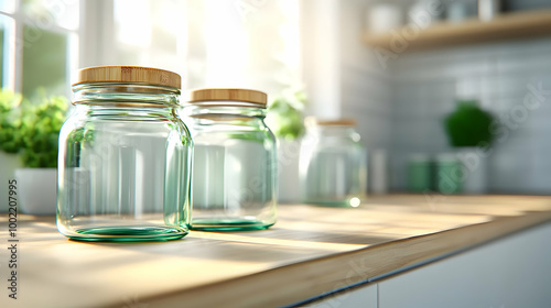 Clear glass jars with wooden lids placed on a kitchen countertop, surrounded by greenery, promoting a fresh and inviting atmosphere. photo