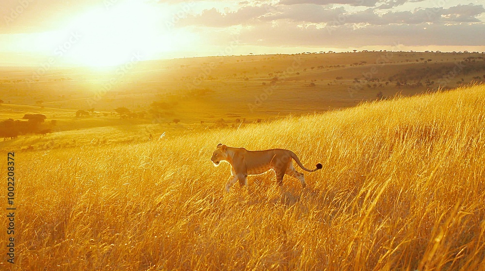 Naklejka premium A lion gracefully traverses a field of towering grass while the sun bathes the distant hills with light
