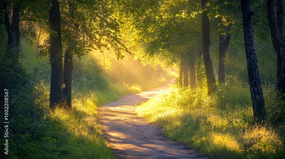 Naklejka premium Sunlit Forest Path with Lush Greenery and Golden Morning Light in a Serene Natural Setting