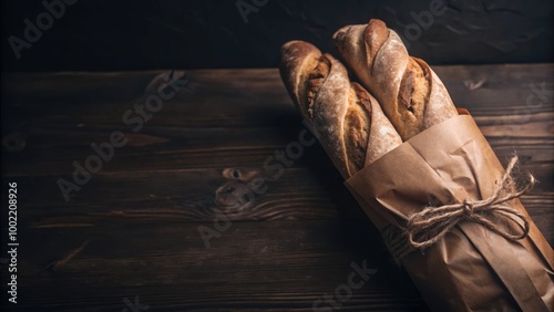 Freshly baked baguettes, wrapped in brown paper with twine, lying on a dark wooden table, embodying rustic simplicity.