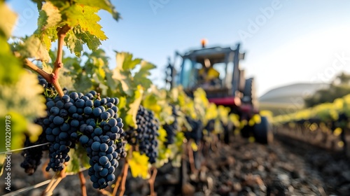 shot of a grape harvester machine delicately pulling grapes from vines in an autumn vineyard  The efficient agricultural equipment demonstrates precision and care in the grape harvesting process