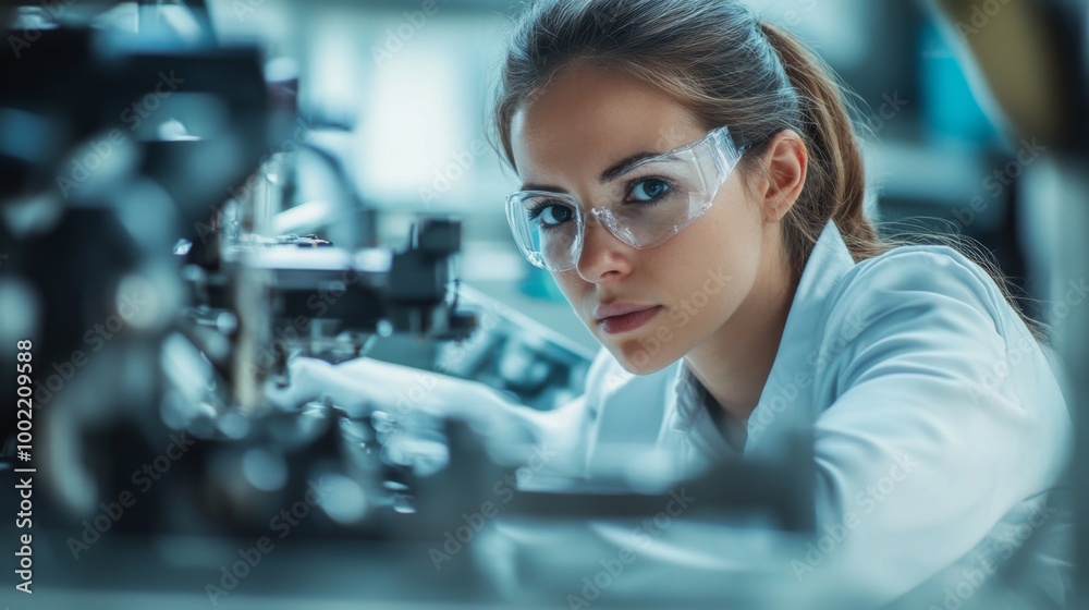 Woman in Safety Glasses Working in Laboratory