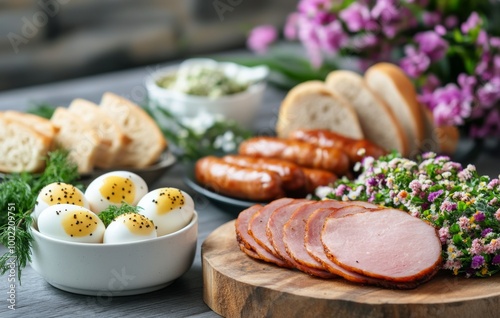 Breakfast spread featuring sliced meat, fresh bread, and eggs at a cozy kitch...