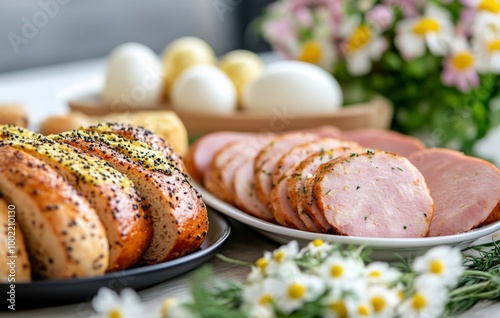 Breakfast spread featuring sliced meat, fresh bread, and eggs at a cozy kitch...