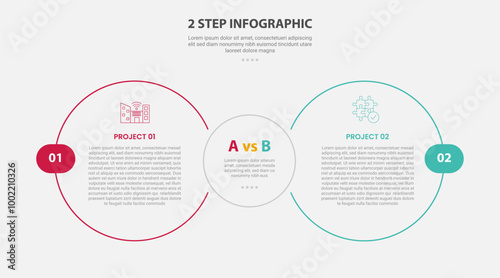 2 points template infographic outline style with 2 point stage or step comparison template with big circle side by side for slide presentation