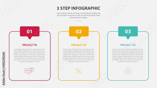 3 points template infographic outline style with 3 point stage or step template with round table box container and discussion header badge for slide presentation