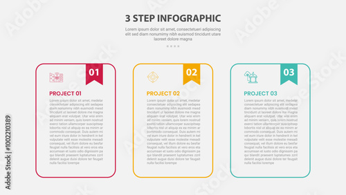 3 points template infographic outline style with 3 point stage or step template with round container table with bookmark header for slide presentation