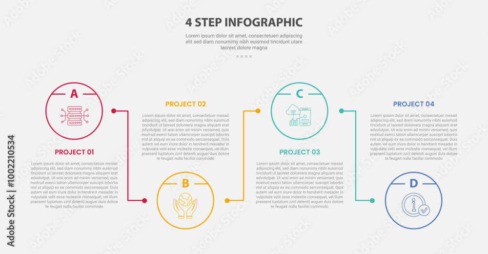 4 points template infographic outline style with 4 point stage or step template with circle line connection up and down for slide presentation