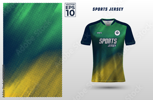 T-shirt sport design template for soccer jersey with green and yellow halftone pattern background. Sport uniform in front view. Tshirt mock up for sport club. Vector Illustration