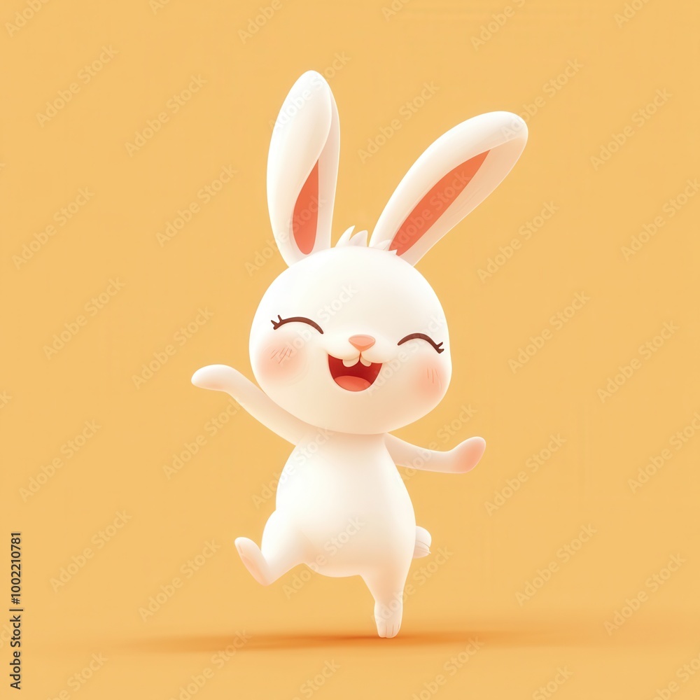 Obraz premium A joyful cartoon rabbit with big ears, happily dancing against a vibrant yellow background, perfect for children's design.