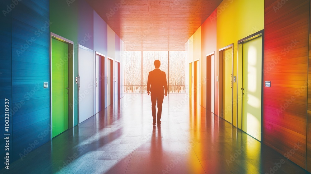 A person walking down a hallway with doors labeled with various career pathways. A person walking down a hallway with doors labeled with various career pathways.