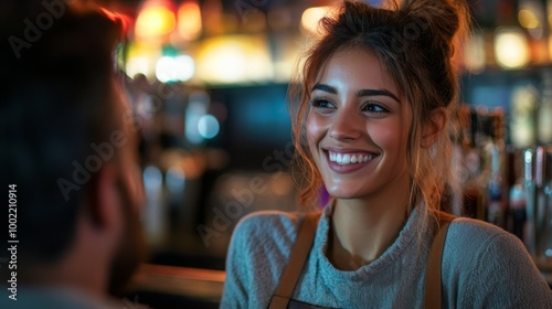 A Young Woman Smiles Warmly at a Bar