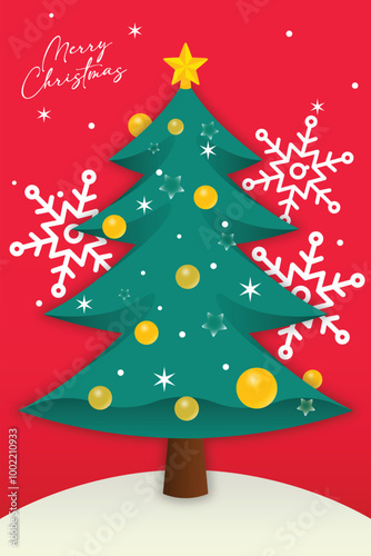 Pine tree with blink stars and ornaments in winter holiday scene. Merry christmas greeting vector illustration.