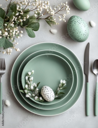 Decorative spring table setting with pastel eggs and blooming branches for a ...