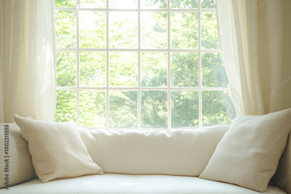 A close-up shot of the window seat, with two white pillows & soft cream curtains framing it. The window features an open glass-paned design and is set against a background of lush green trees outside. A close-up shot of the window seat, with two white pillows & soft cream curtains framing it. The window features an open glass-paned design and is set against a background of lush green trees outside.