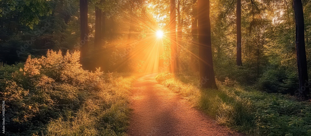 Naklejka premium Sunlit Forest Path with Golden Sun Rays Shining Through Trees in a Serene Woodland Setting