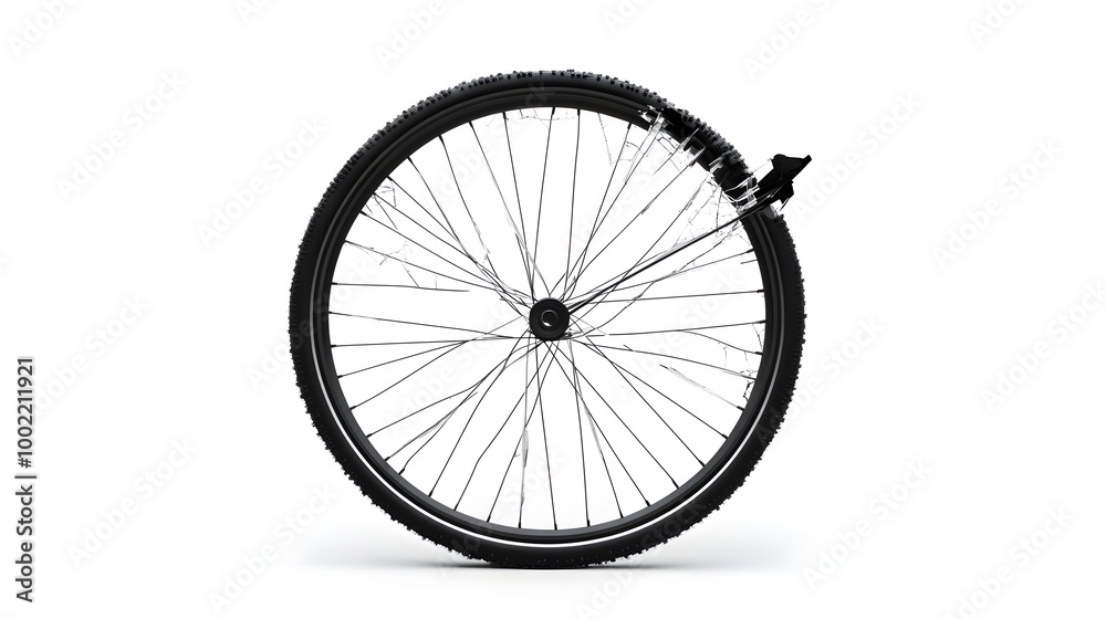 The image shows a bent and broken bicycle wheel no longer in working condition The wheel is isolated against a plain white background The image shows a bent and broken bicycle wheel no longer in working condition The wheel is isolated against a plain white background
