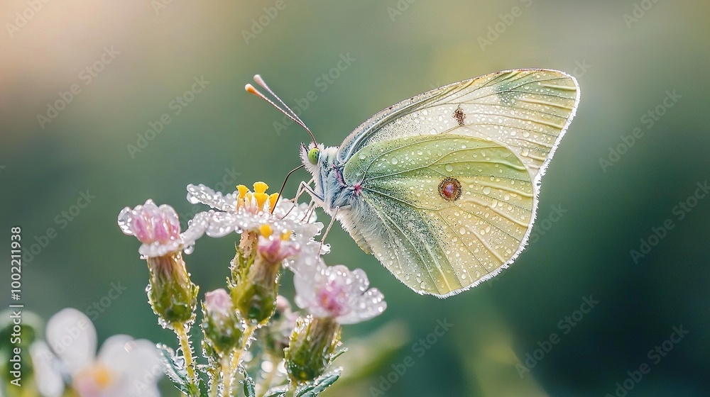 Butterfly on blossom, droplets on wings, soft focus background Butterfly on blossom, droplets on wings, soft focus background