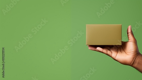 Hand holding a small brown box against a green background