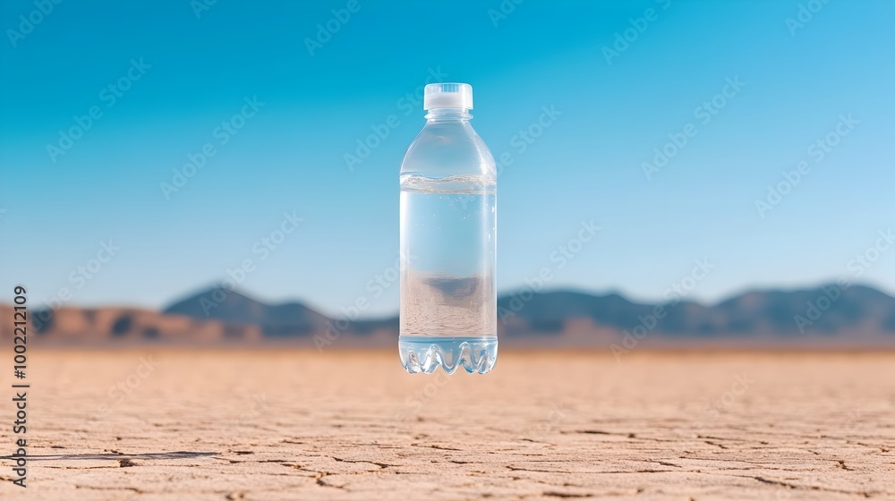Transparent floating water bottle suspended in the middle of a dry arid desert landscape symbolizing the importance of and survival in harsh environments