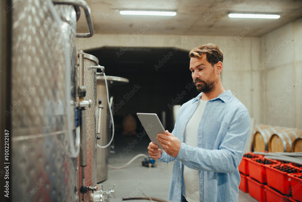 The winemaker standing in the wine cellar, monitoring the fermentation and aging processes in large barrels. The winemaker standing in the wine cellar, monitoring the fermentation and aging processes in large barrels.