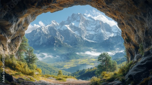 Mountain view from cave opening with scenic landscape 