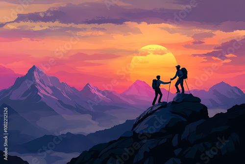 Two hikers reaching a summit at sunset, symbolizing adventure and teamwork in nature.