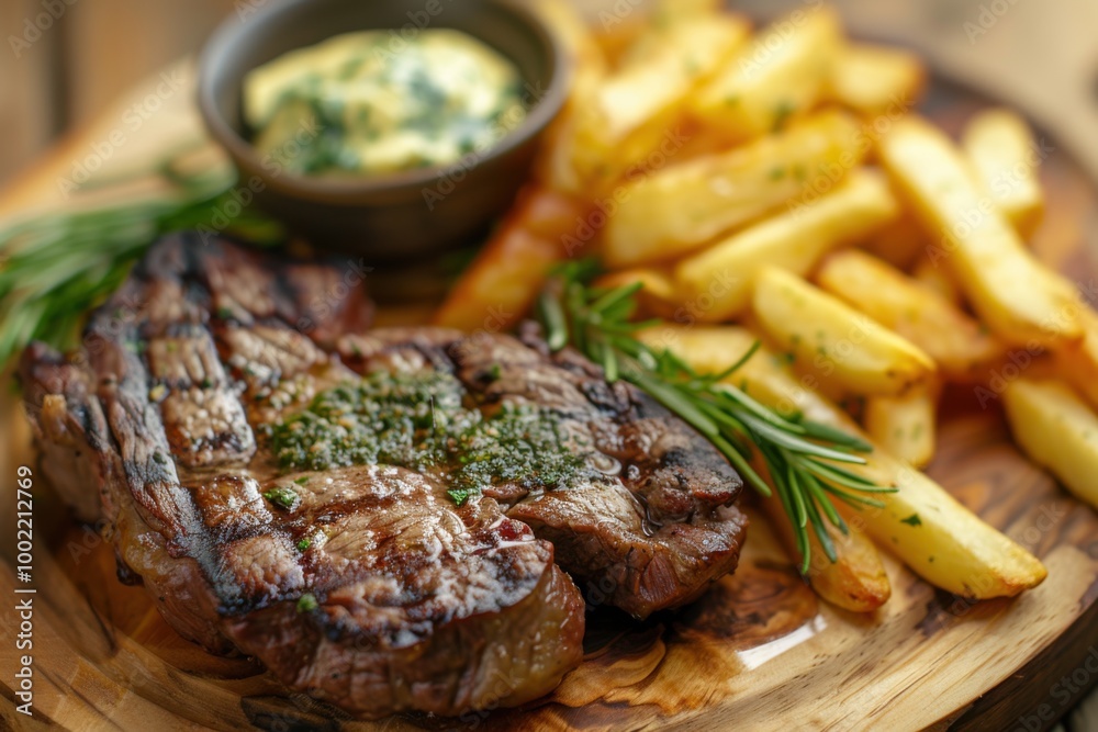 A juicy steak frites with a perfectly cooked steak and crispy French fries, served with a side of herb butter. Copy space A juicy steak frites with a perfectly cooked steak and crispy French fries, served with a side of herb butter. Copy space