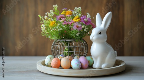 Easter decorations featuring a ceramic bunny with colorful eggs and a flower ...