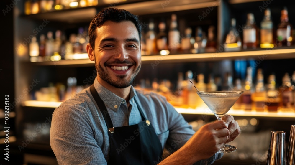 Smiling Bartender Holding a Martini Glass in a Bar Smiling Bartender Holding a Martini Glass in a Bar
