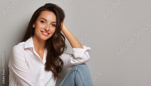 Beauty fashion portrait of smiling sensual young woman with dark long hair in white shirt and jeans on gray background banner, relaxed and chilled, copy space