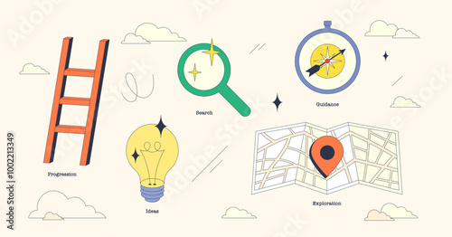 Neubrutalism style collection image depicting career exploration with ladder, magnifying glass, and map.