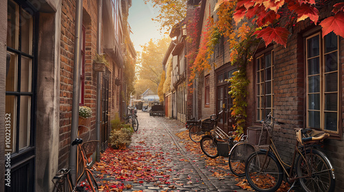 Quiet European Cobblestone Street in Autumn