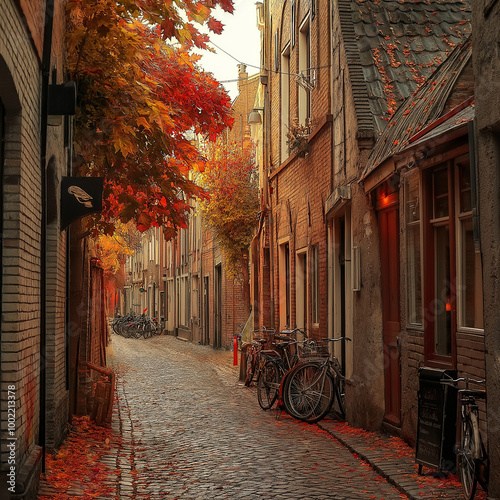 Quiet European Cobblestone Street in Autumn