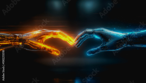 Human and robotic hands connecting with glowing energy in a futuristic moment of fusion