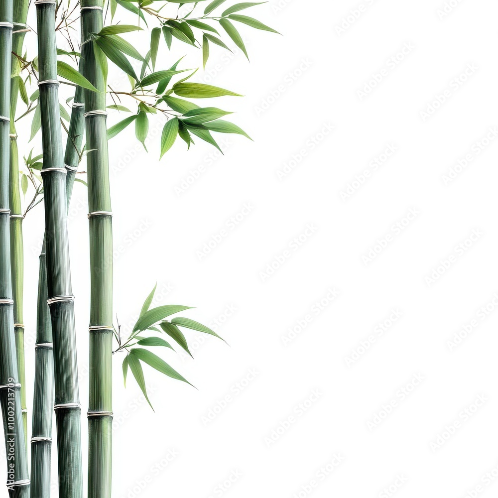 Naklejka premium A serene arrangement of bamboo stalks showcasing vibrant green leaves against a clean white background, ideal for nature themes.