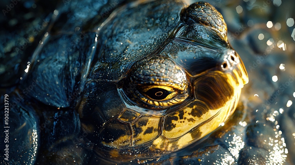 A close-up of a turtle's head with water droplets on its body and its eyes A close-up of a turtle's head with water droplets on its body and its eyes