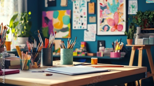 A vibrant creative workspace with colorful art supplies, a sketchbook, and inspirational quotes on the walls.