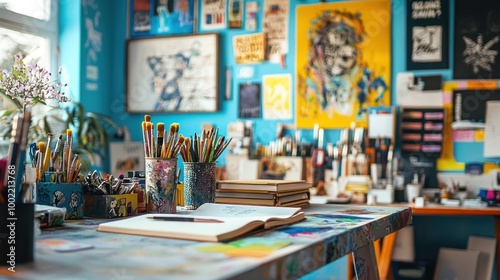 A vibrant creative workspace with colorful art supplies, a sketchbook, and inspirational quotes on the walls.