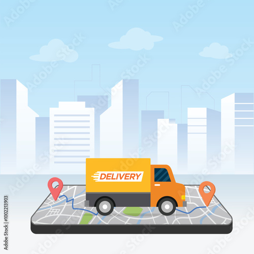 Delivery service truck on map.  Online app tracking, city background
