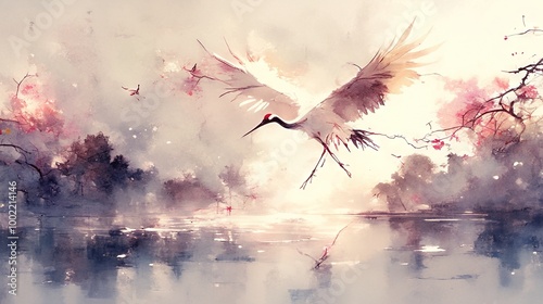   Watercolor painting of a bird soaring over a lake surrounded by trees and blooming flowers in the background photo