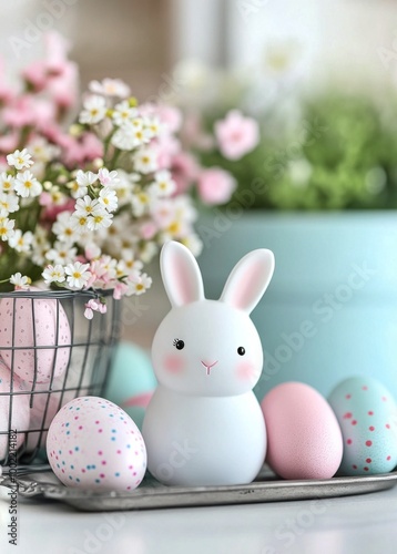 A cute white rabbit surrounded by colorful Easter eggs and spring flowers in ...
