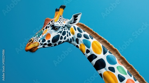 a giraffe with creative, abstract patterns replacing its traditional spots. photo