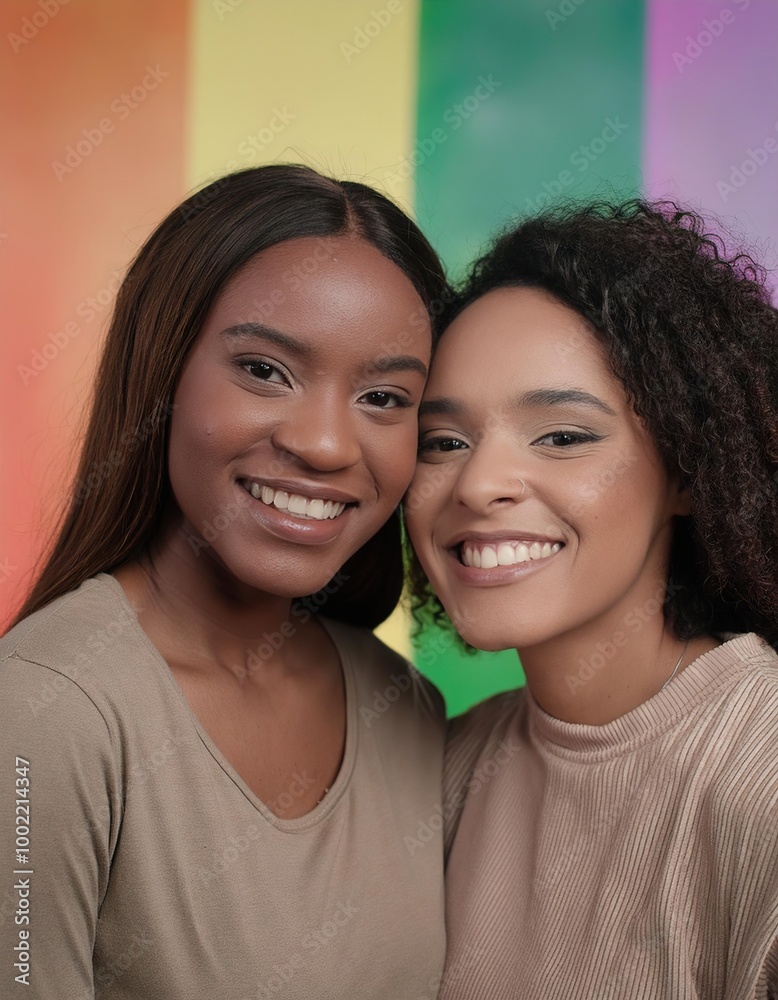 young lesbian woman smiling on colors of rainbow background young lesbian woman smiling on colors of rainbow background