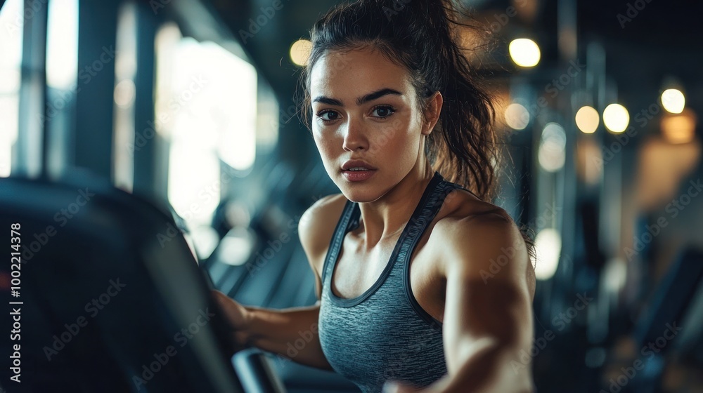 A woman doing cardio on a treadmill, with a focus on her determined expression and the gym environment. A woman doing cardio on a treadmill, with a focus on her determined expression and the gym environment.
