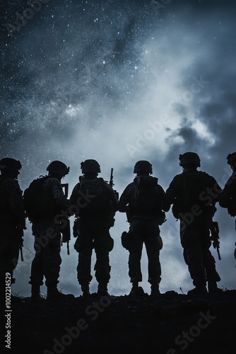 Silhouettes of armed soldiers standing against a starry night sky, highlighting themes of bravery and camaraderie.