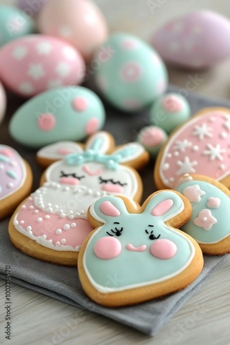 Decorated Easter cookies with pastel colors and a festive theme on a wooden t...