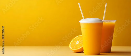 Two refreshing orange drinks in cups against a bright yellow background, perfect for summer vibes and vibrant presentations. photo