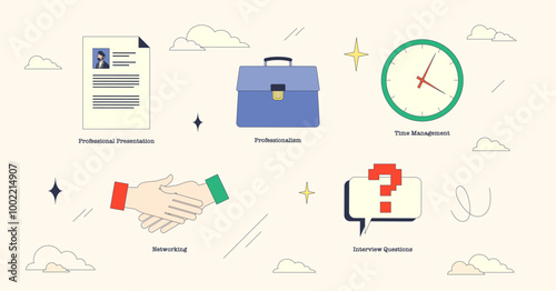 Neubrutalism style collection image depicting interview preparation essentials, resume, briefcase, handshake, clock, and question mark.